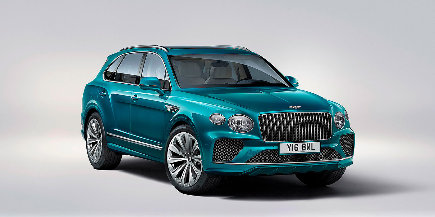 Bentley Johannesburg Bentley Bentayga Azure front three-quarter view, featuring a fluted chrome grille with a matrix lower grille and chrome accents in Topaz blue paint.