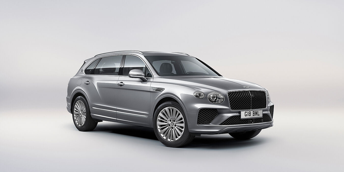 Bentley Johannesburg Bentley Bentayga Extended Wheelbase luxury SUV front three quarter view in Moonbeam paint with 21 inch five spoke painted wheels