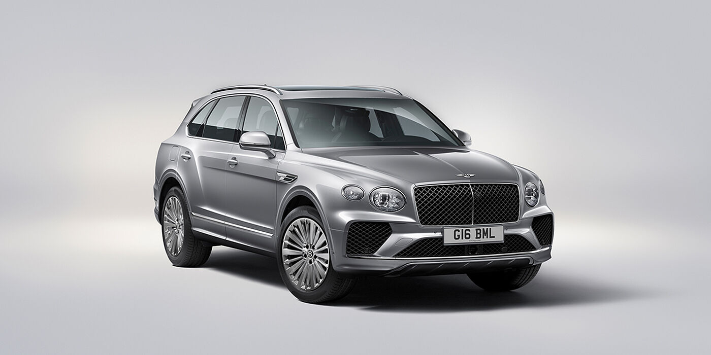 Bentley Johannesburg Bentley Bentayga luxury SUV front three quarter view in Moonbeam paint with matrix grille and 21″ 5 spoke painted wheels