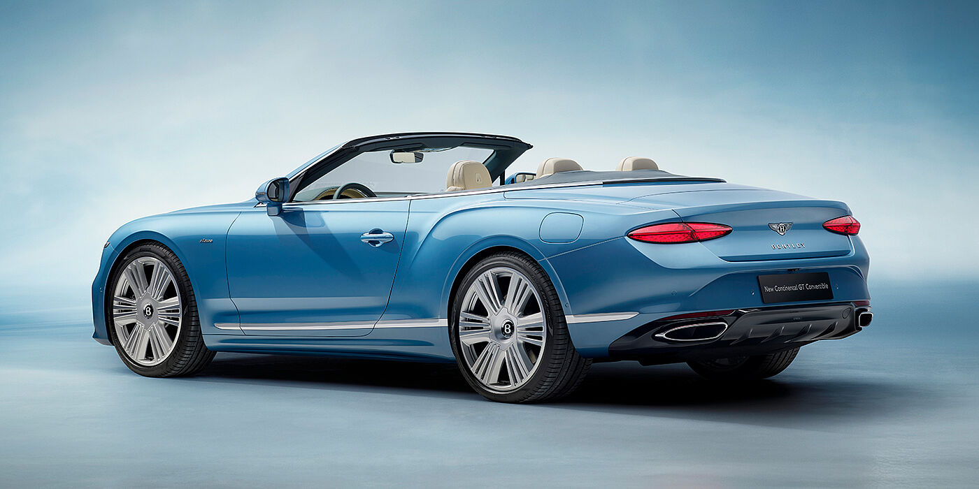 Bentley Johannesburg New Bentley Continental GTC Azure convertible rear view in Light Windsor blue paint with 22 inch ten spoke wheels and chrome exterior details