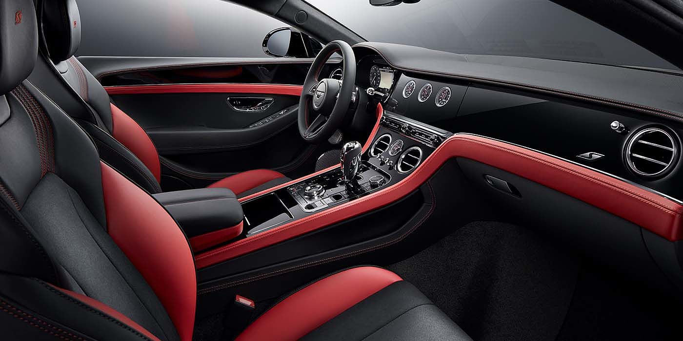 Bentley Johannesburg Bentley Continental GT S coupe front interior in Beluga black and Hotspur red hide with high gloss Carbon Fibre veneer