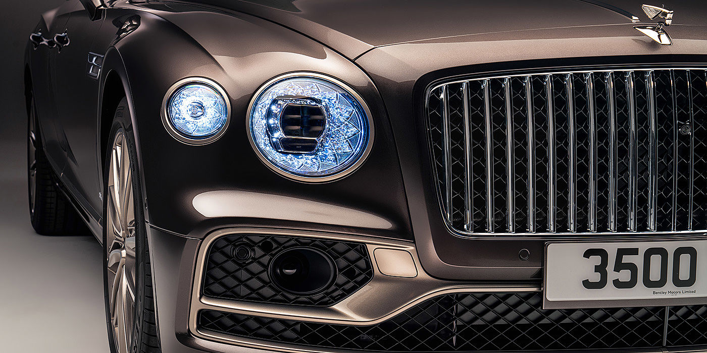 Bentley Johannesburg Bentley Flying Spur Odyssean sedan front grille and illuminated led lamps with Brodgar brown paint