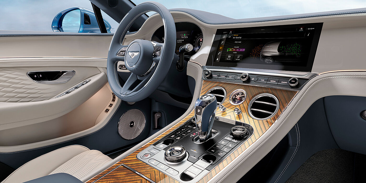 Bentley Johannesburg New Bentley Continental GTC Azure convertible interior front cabin view with Linen and Brunel hides and Piano Linen by Mulliner veneer featuring centre console and centre MMI screen