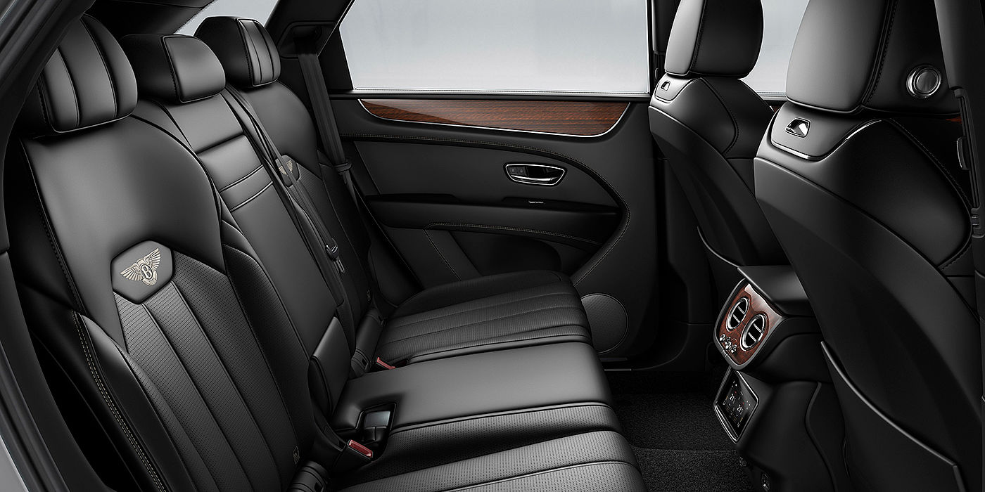Bentley Johannesburg Bentey Bentayga interior view for rear passengers with Beluga black hide.