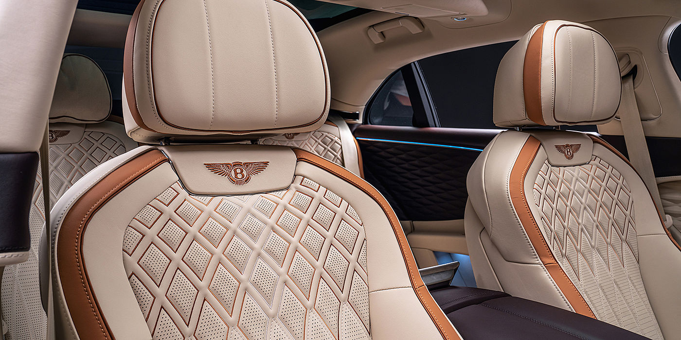 Bentley Johannesburg Bentley Flying Spur Odyssean sedan rear seat detail with Diamond quilting and Linen and Burnt Oak hides