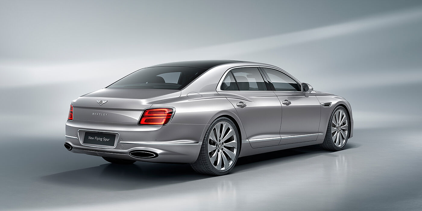 Bentley Johannesburg New Bentley Flying Spur sedan rear view in Silverlake paint with ten spoke wheels and chrome matrix grille