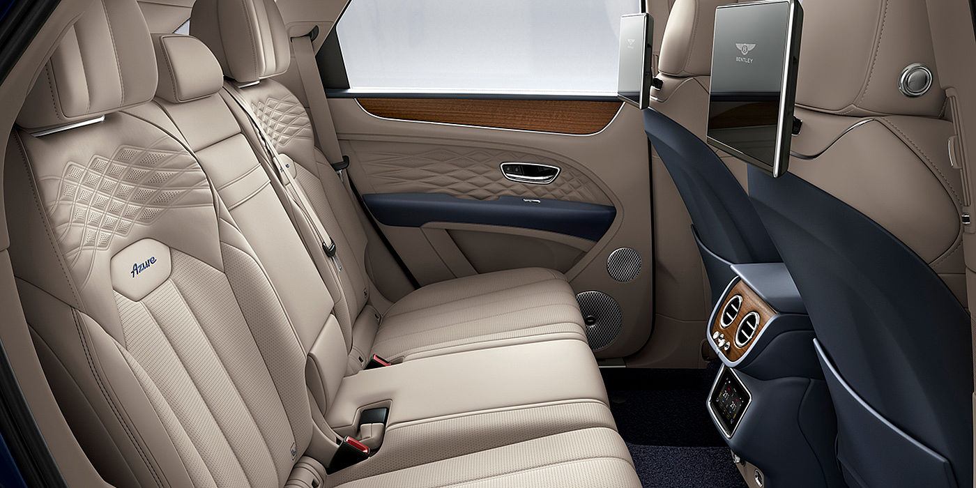 Bentley Johannesburg Bentey Bentayga Azure interior view for rear passengers with Portland hide and Rear Seat Entertainment. 