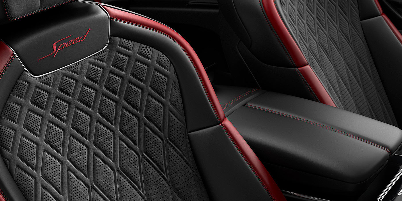 Bentley Johannesburg Bentley Flying Spur Speed sedan seat stitching detail in Beluga black and Cricket Ball red hide