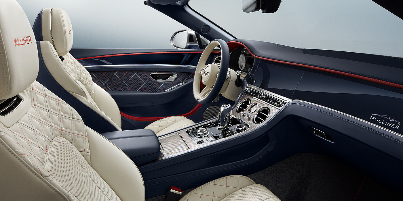 Bentley Johannesburg Bentley Continental GTC Mulliner convertible front interior in Imperial Blue and Linen hide