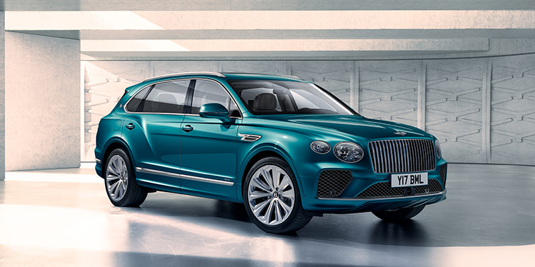 Bentley Johannesburg Bentley Bentayga Extended Wheelbase Azure SUV front three quarter in Topaz blue paint colour with a grey background