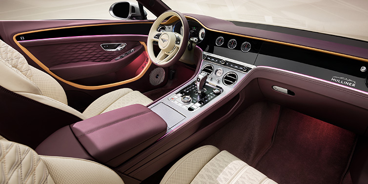 Bentley Johannesburg Bentley Continental GTC Mulliner convertible front interior including Linen and Damson purple hides and Grand Black veneer