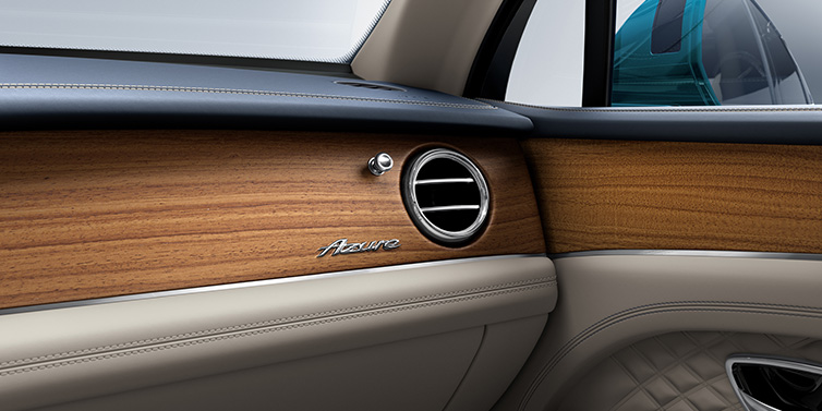 Bentley Johannesburg Bentley Bentayga Extended Wheelbase Azure front dash showing Open Pore Koa veneer surrounded by Portland and Imperial Blue hides