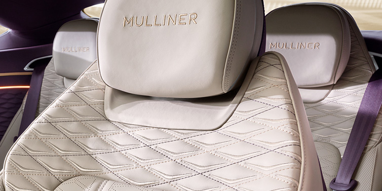 Bentley Johannesburg Bentley Continental GT Mulliner coupe seat detail in Linen leather with Mulliner Diamond in Diamond quilting and Mulliner embroidered seat emblem